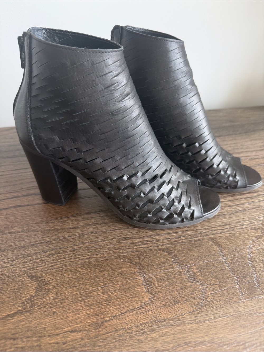 Woven Peep-Toe Block Heel Ankle Boots - Black